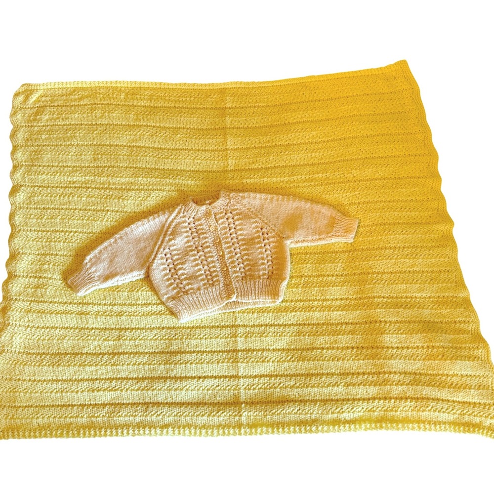 Handmade Vintage Baby Knit Cream Cardigan and Yellow Blanket 41x33" Set